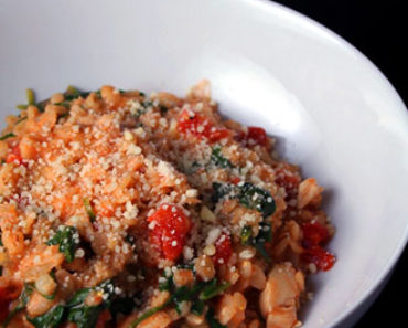 creamy barley with tomatoes, chicken, and spinach