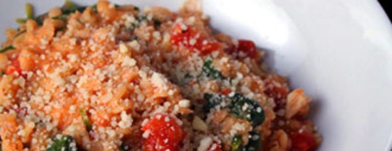 creamy barley with tomatoes, chicken, and spinach