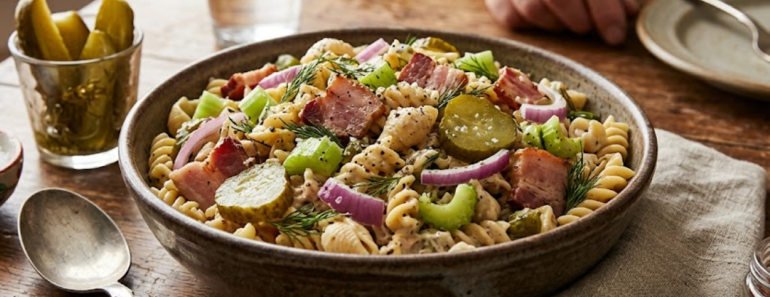 Dill pickle bacon pasta salad