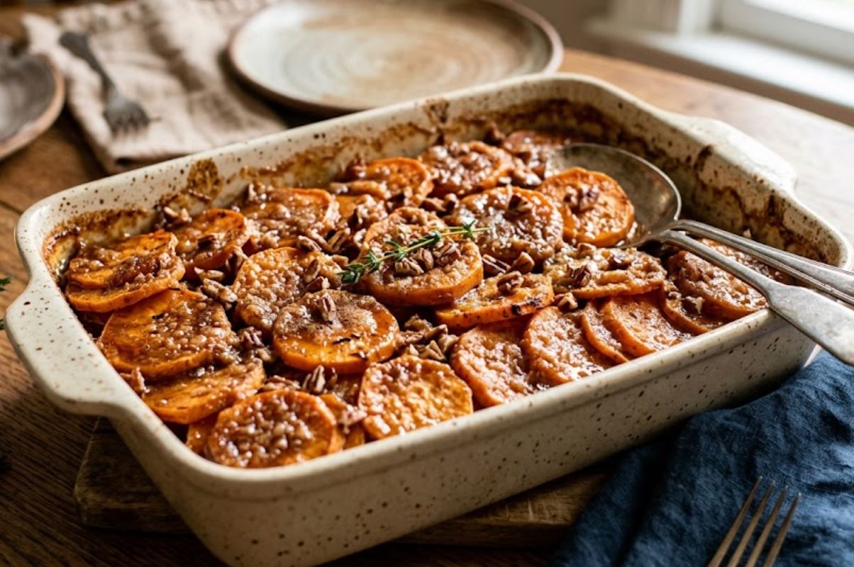 Brown Sugar Glazed Scalloped Sweet Potatoes